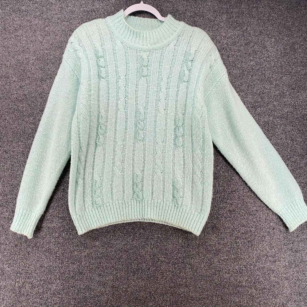 Vintage Donagain Sweater Womens L Mint Pullover Cable Knit Beaded Fisherman Boho